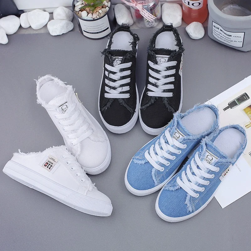 Low Upper Lace Up Women Shoes Women Mules Canvas Sneakers New 2025 Flat Shoes Comfortable Sneakers Women Casual Luxury Slippers