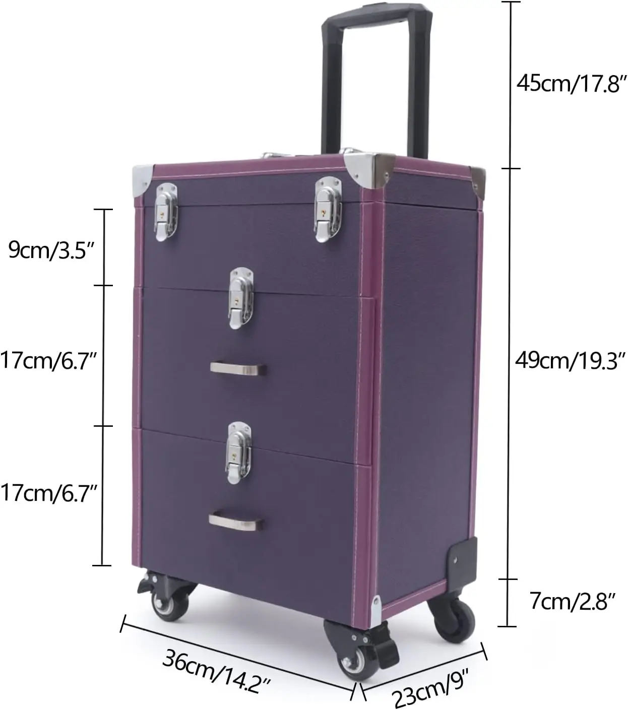 Donsu 3-Tier Rolling Makeup Train Case Large Storage Cosmetic Trolley, Salon Nail Polish Storage Box Jewelry Organizer