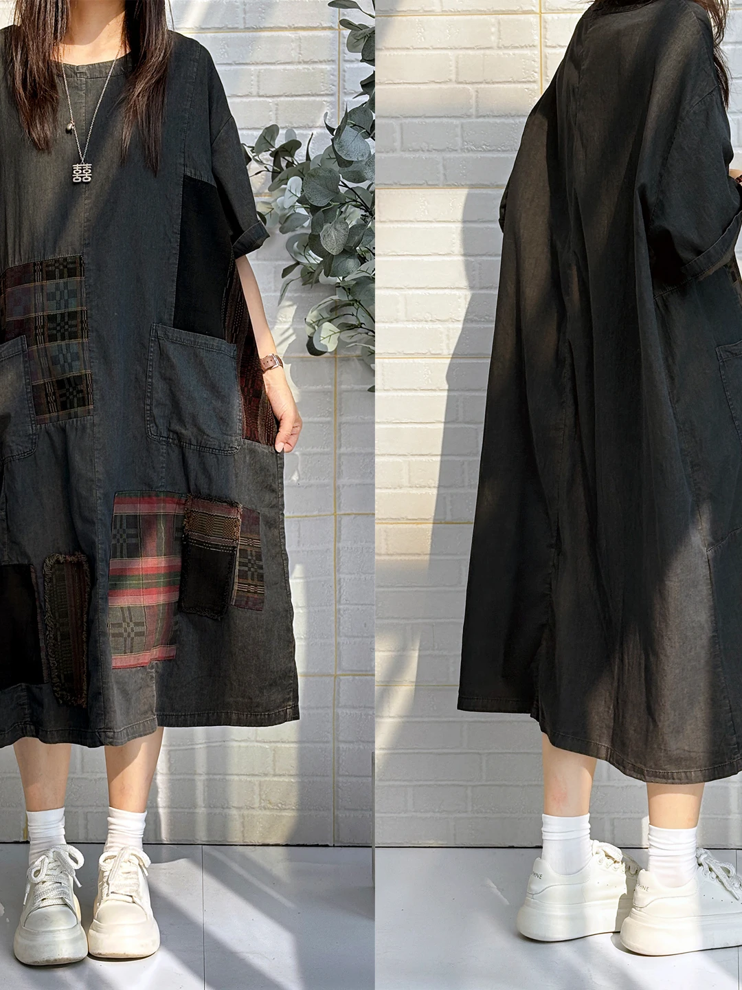 Ethnic Style Loose Casual Short-sleeve Dress Women Color-blocked Large Pockets Mid-length Dress Summer LX5789 - Image 2