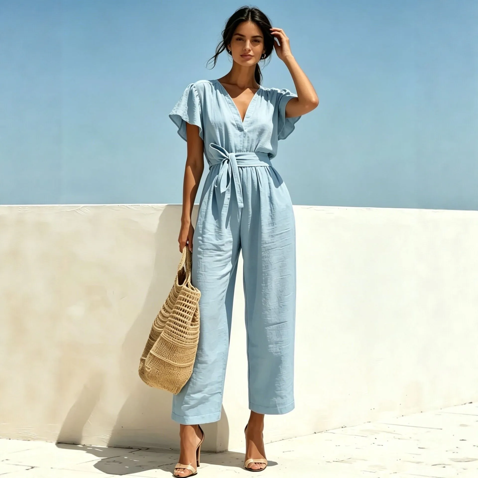 

Women's Summer Jumpsuit V Neck Linen Cropped Jumpsuits Elastic Waist Drawstring Woven Romper Light Blue Black Beige Wide Leg
