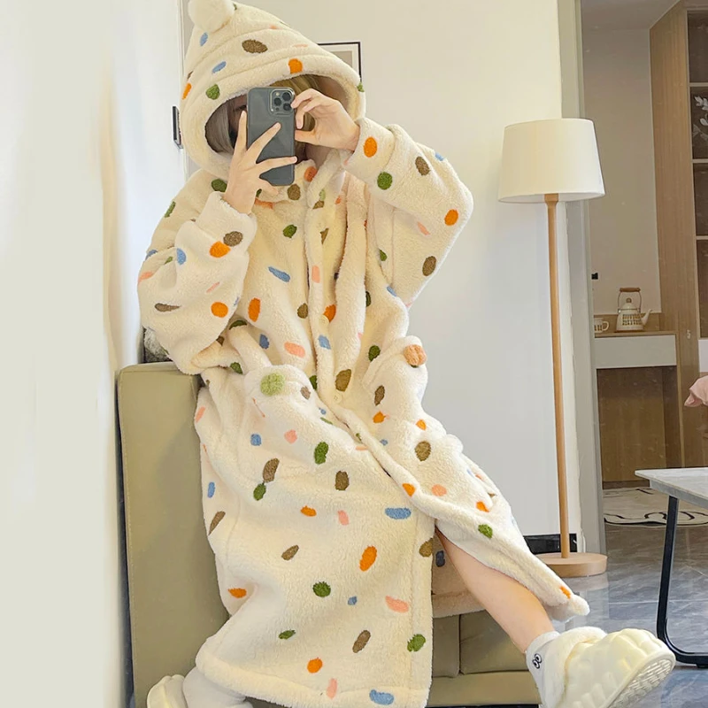 Sweet Cute Colorful Dots Hooded Long Night Gown Robe Coral Velvet Pajamas Women Winter Thickened Plush Bathrobe Kawaii Sleepwear