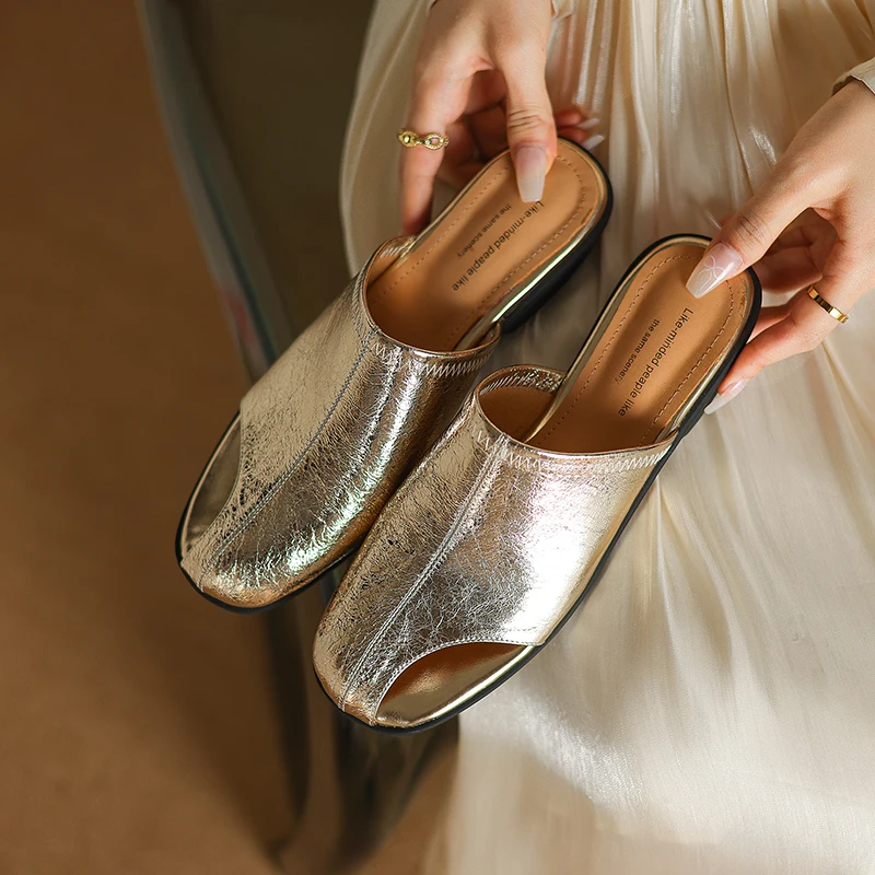 

Fashion Women Summer Sandals Comfortable Flat Heels Genuine Leather Causal Mules Covered Toe Slippers Office Party Dress Shoes