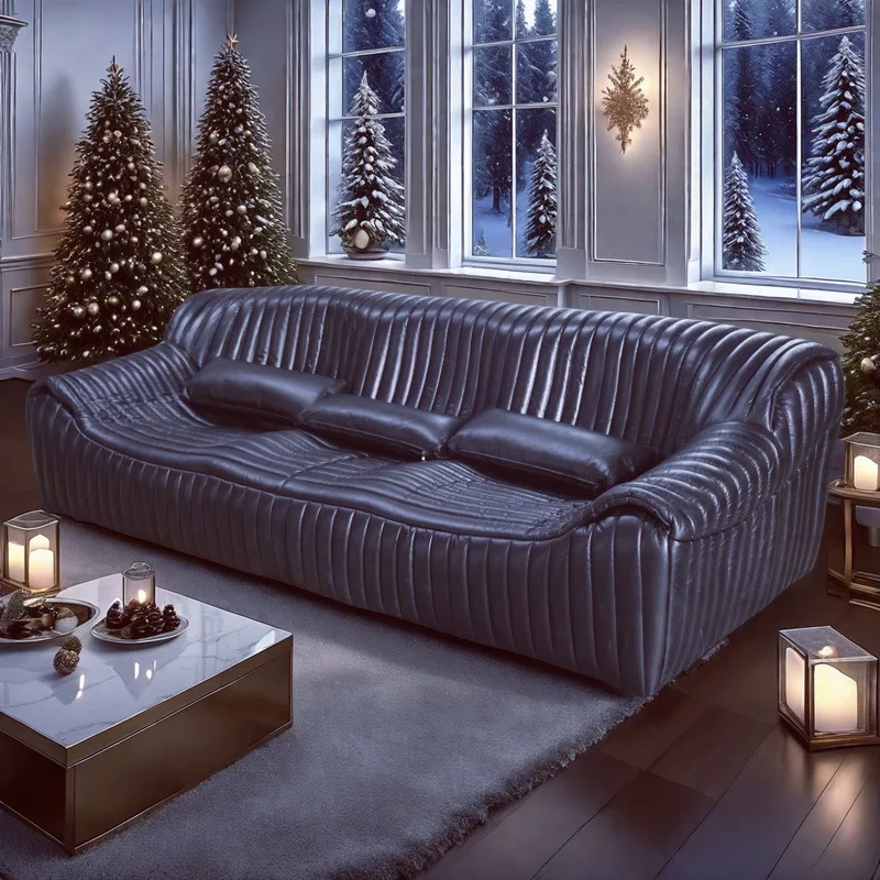 Medieval furniture living room leather sofa retro black first layer cowhide full leather hotel lobby
