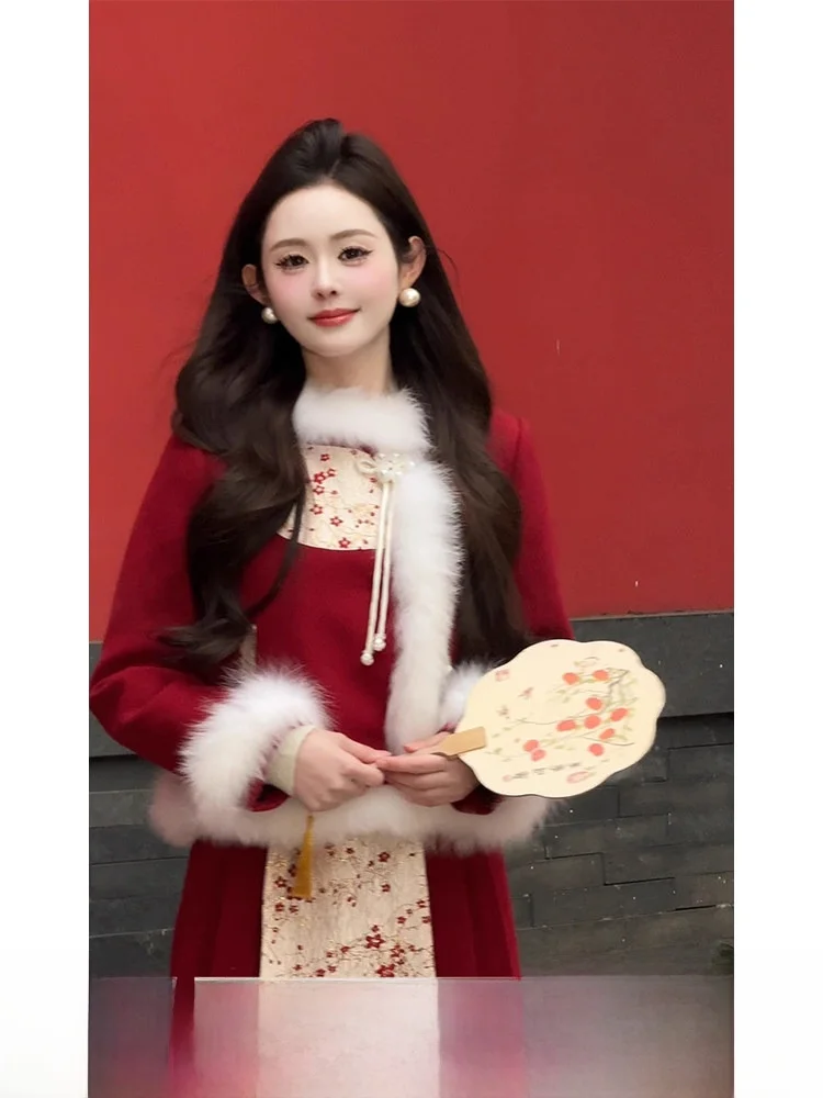 

New Chinese Sle Set Winter Asymmetrical Color Blo down Jaet f Skirt Long Sve Long Pants High Waist Faion Set