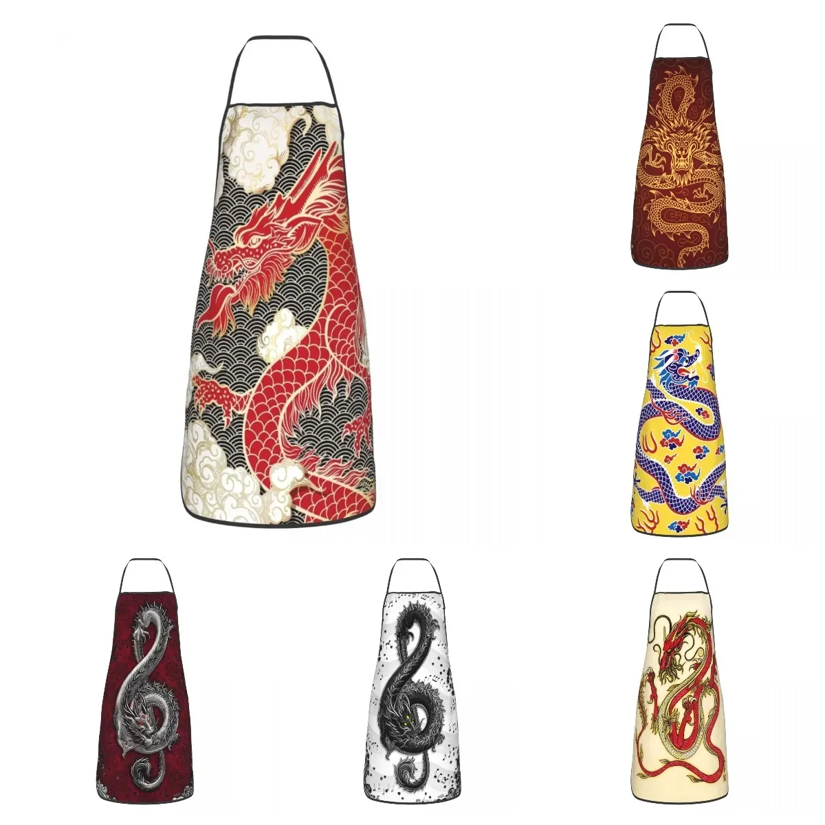 Chinese Red Dragon Totem Pattern Aprons Women Men Unisex Kitchen Chef Tradition Asian Style Tablier Cuisine for Cooking Baking