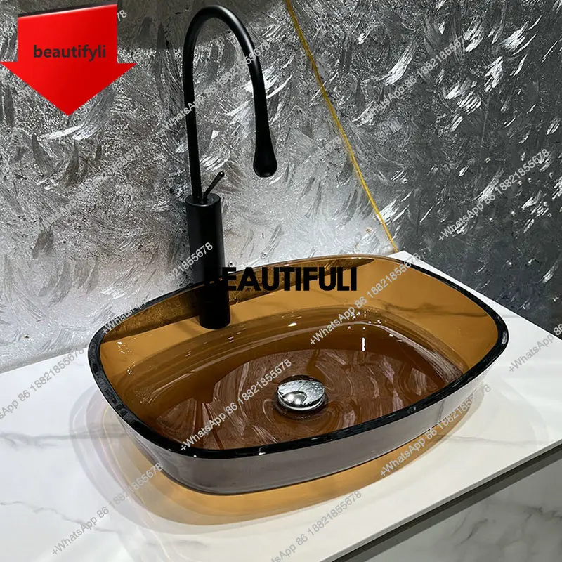

a44 Coffee colored tempered glass countertop basin, household gray polished artistic washbasin, homestay bathroom washbasin