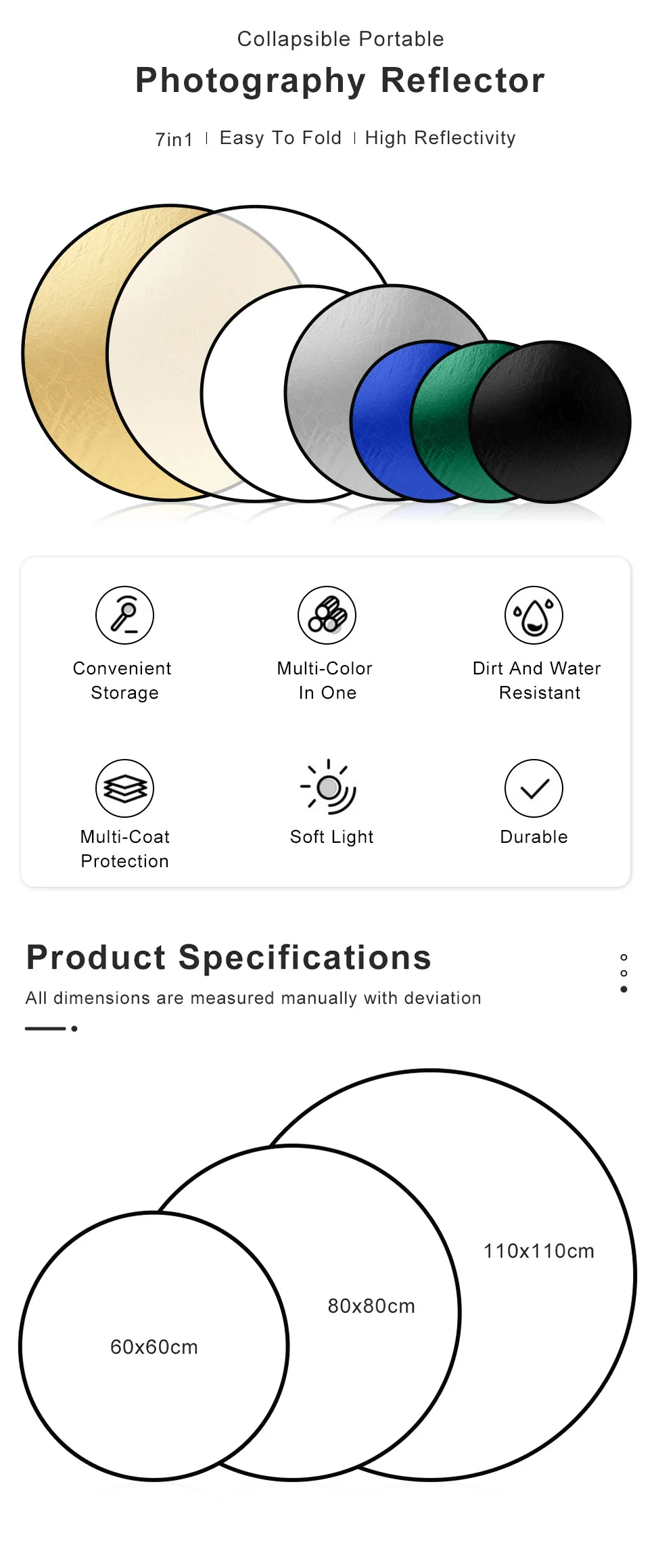 Ronde Fotografie Reflector Zilver Goud 2in1 Reflector Houder Zilver Wit Reflectie 30Cm 60Cm 80Cm 110Cm