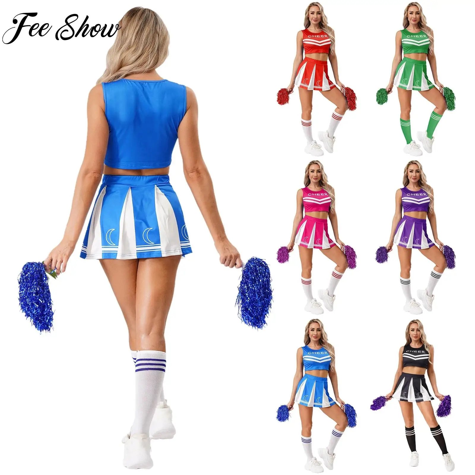 

School Girls Cheerleader Costume Women Adult Cheerleading Uniform Dancing Outfit Sleeveless 4-piece Set Match Performance Outfit