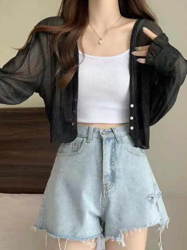 เสื้อคลุมไหมน้ำแข็งถักน้ำหนักเบา ป้องกันแสงแดด สำหรับผู้หญิง ใส่คลุมในฤดูร้อน ระบายอากาศดี แต่งลูกไม้ คอวี สีพื้น