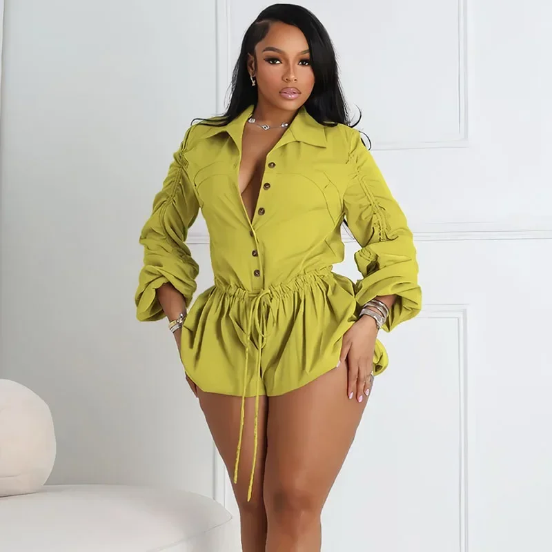 Doyerl Casual Playsuits Woman Jumpsuit Shorts Long Sleeve Single Breasted Turn-down Collar Drawstring Waist One Pieces Overalls