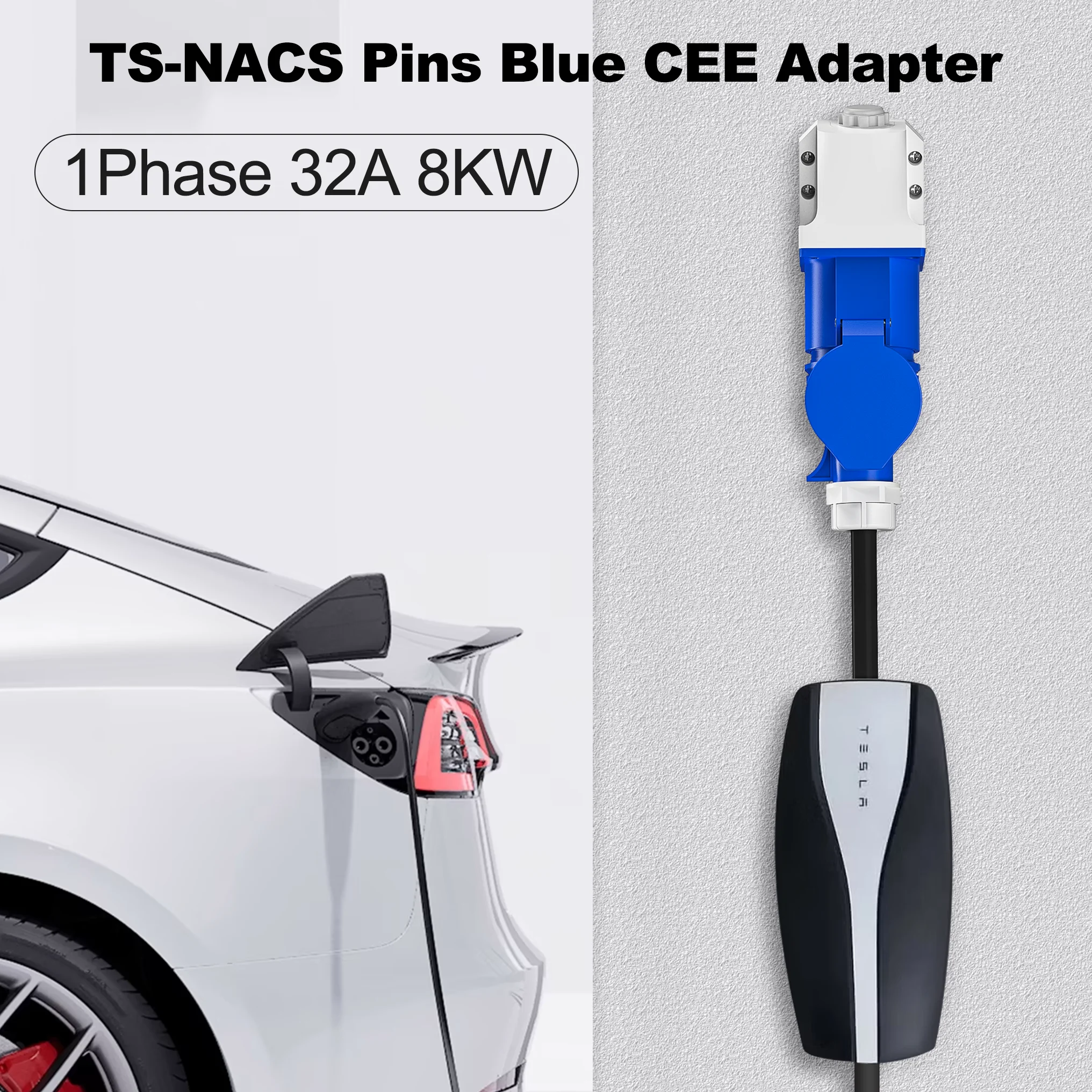 feyree for TS-NACS 3 pin Blue CEE Adapter for Tesla Model S,3,X,Y Gen 2 EV Charger Extension Connector 240V Outlet at 32A 10Inch