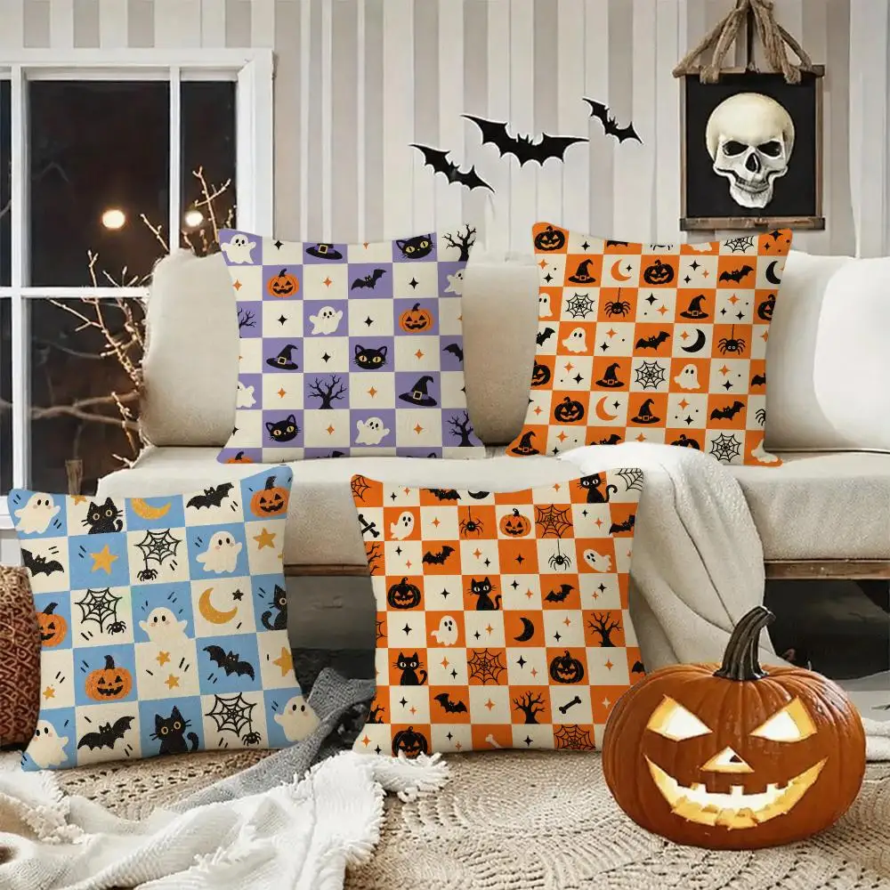 Spooky Checkered Pattern Cushion Cover Halloween decoration trick or treat cushion cover, ghost, pumpkin head, bat decoration