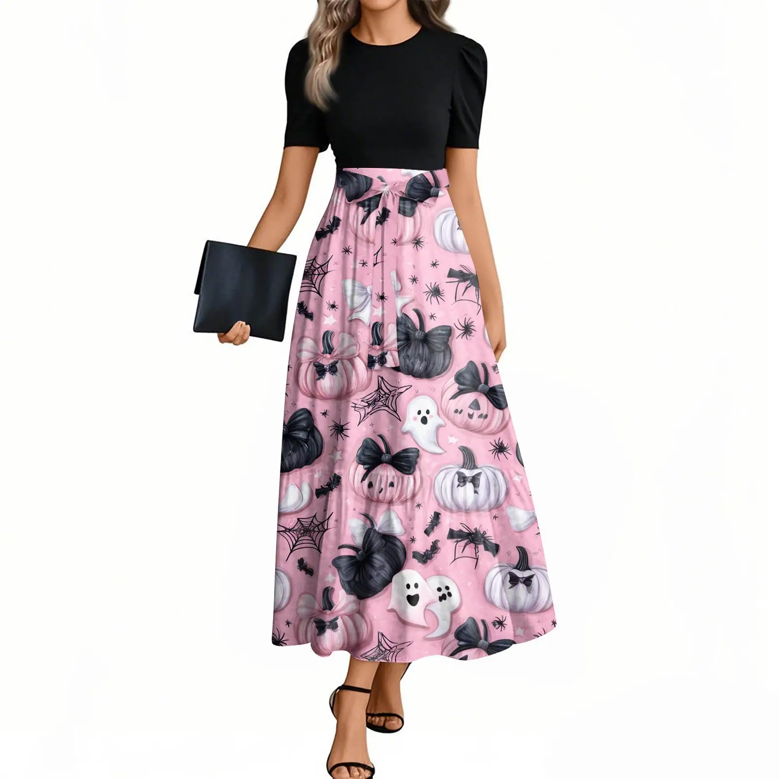 ハロウィンパーティードレスレディースファッションカジュアルベルト付き半袖ラウンドネックハロウィンプリントエレガントドレスカジュアルドレス