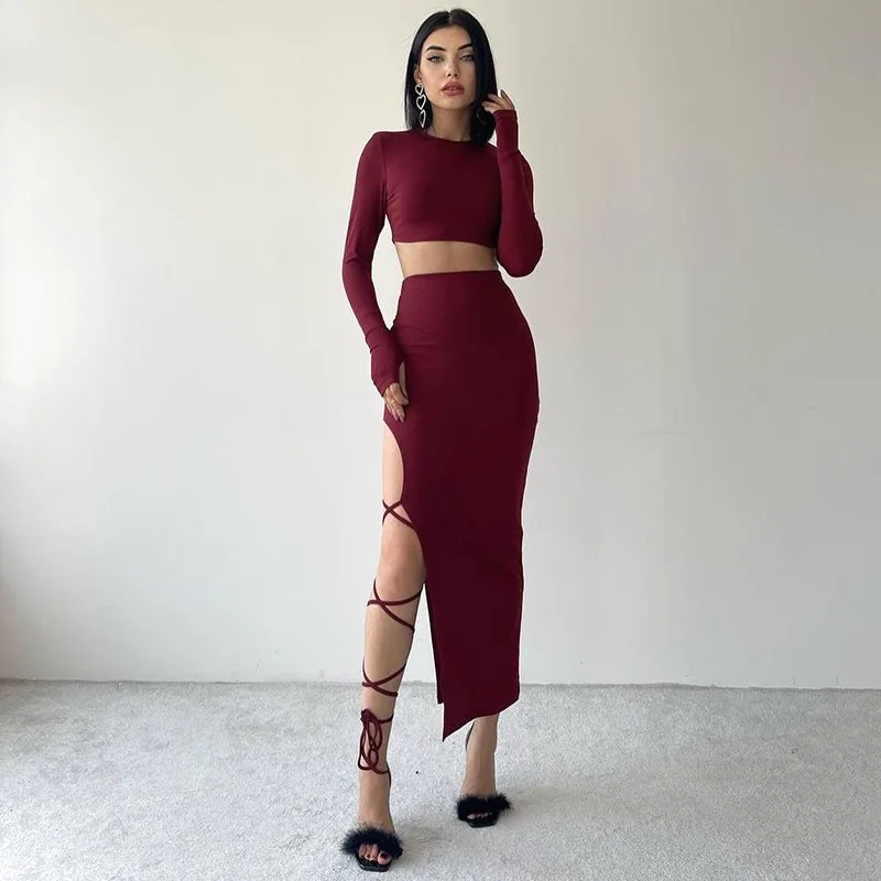 Pullover Long Sleeve Simple Crop Top Elastic Waist Halter High Split Legless Sexy Tie Solid Colour Half Skirt Set Round Neck Top