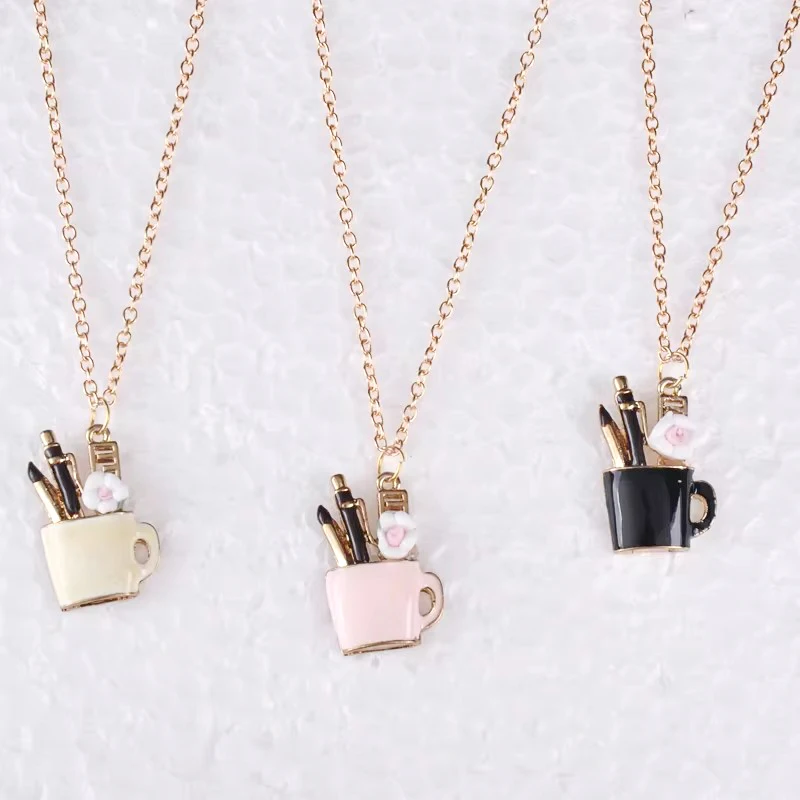 Enamel Pencil Cup Flower Pen Container Pendant Necklace Gold Color Choker Link Chain Necklace Jewelry Women Fashion Jewellery