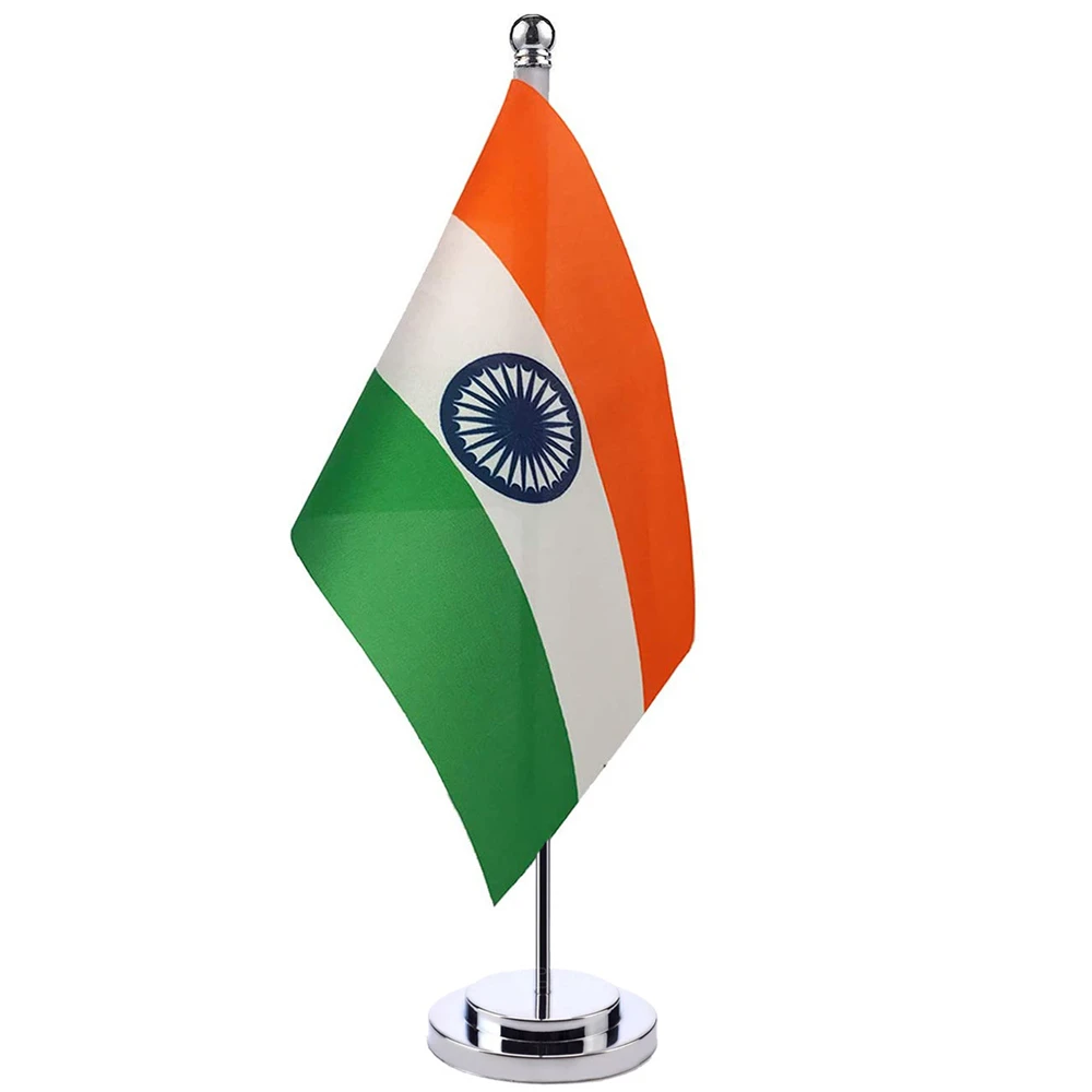 

14x21cm Mini Flag Of India Banner Meeting Boardroom Table Desk Stand Stainless Steel Pole The Indian Flag National Design