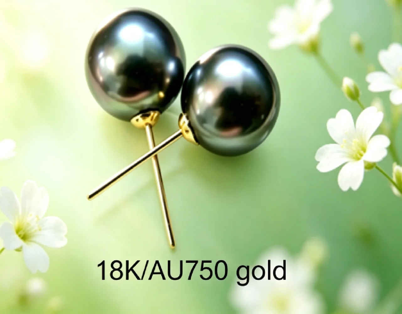 Classic 18K/AU750 Gold Earrings AAAA9-10mm/10-11mm Natural Tahitian Round Black Pearl Earrings