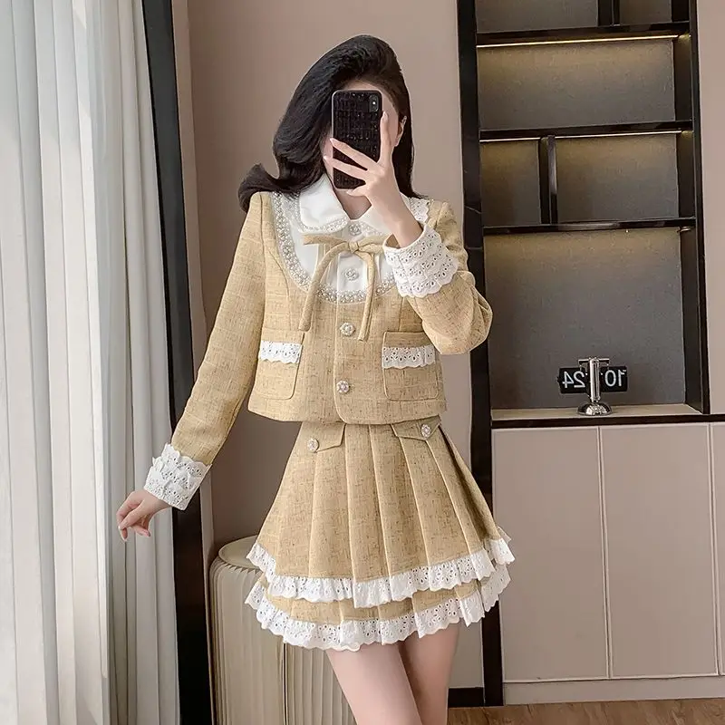 Two-Piece Set Of Small Fragrant Jacket Puffy Pleated Skirt 2024 Autumn Winter New Style Doll Collar Bow Knot High-End Suit