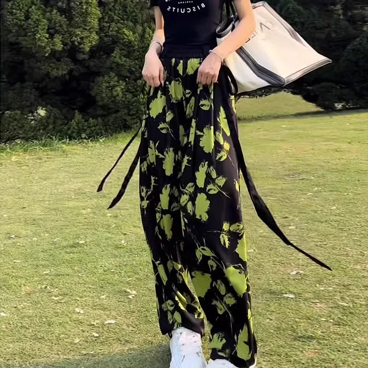 

2024 Women Summer Fashion Ice Silk Wide-leg Casual Pant Female Loose Straight Trousers Ladies Floral Print Beach Pants W95