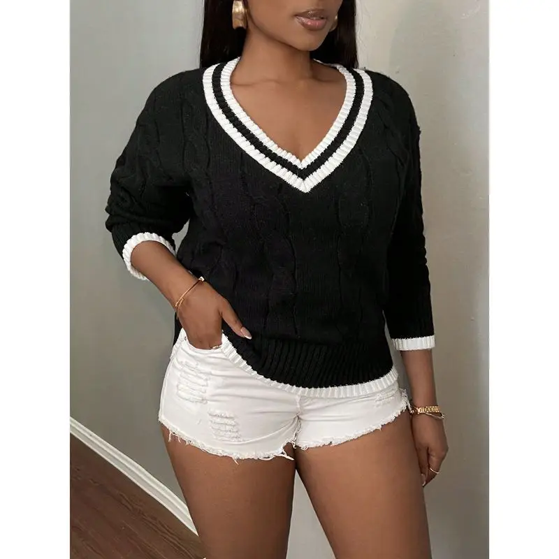 Combhasaki Women Autumn Winter Cable Knit Loose Sweaters Long Sleeve V Neck Striped Contrast Color Knitwear Preppy Jumper Top