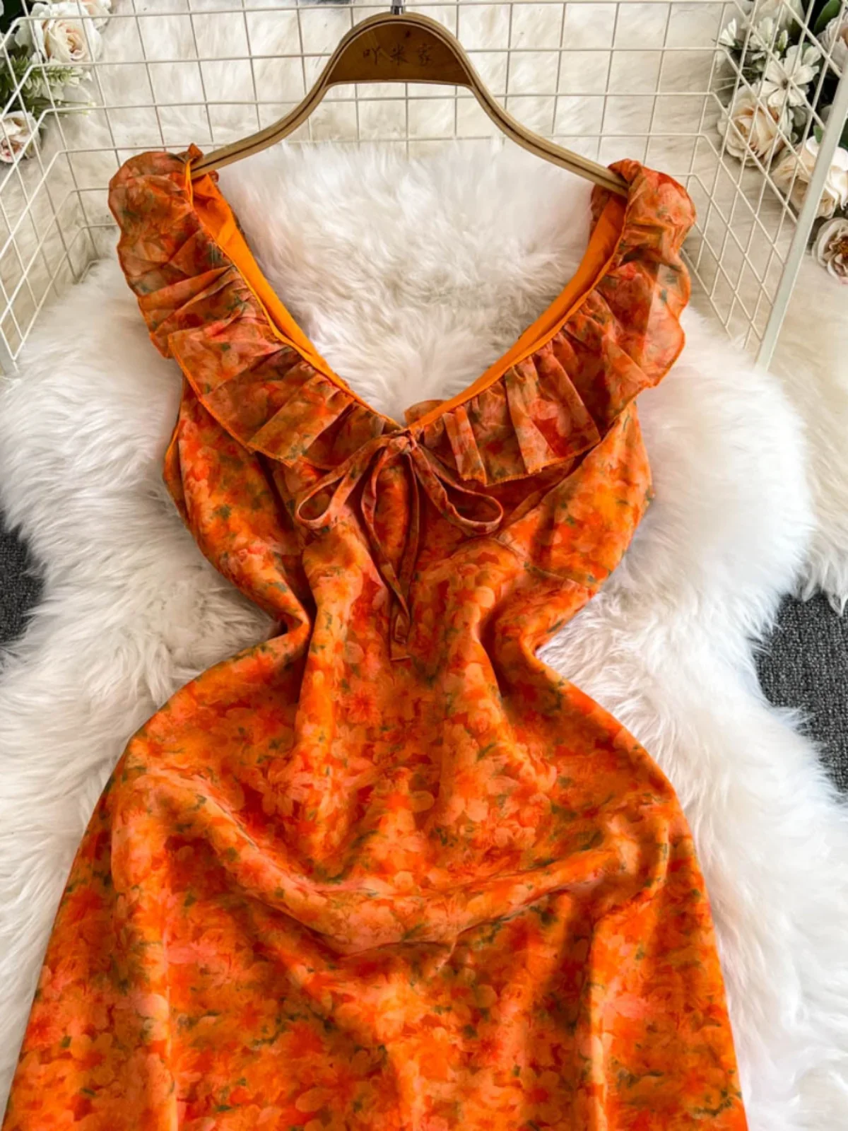 Foamlina Seaside Island Love French Sweet Wind V-Neck Floral Dress Women's Summer Retro Waist Tea Break Orange Long Dress