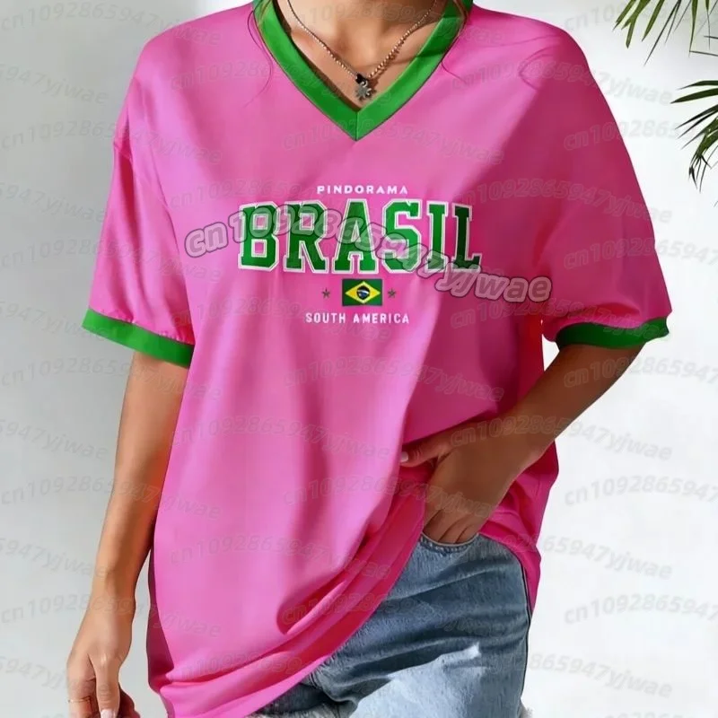 Neues Brasilianisches T-Shirt Sommer Damen V-Ausschnitt T-Shirt Brasilianisches Fußball-T-Shirt Gelb Farbverlauf Damen Herren Schnelltrocknende Oberteile – Detail 10