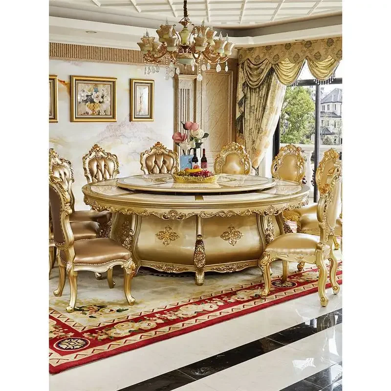 Solid wood round table, marble dining table for household use, large apartment, electric dining table
