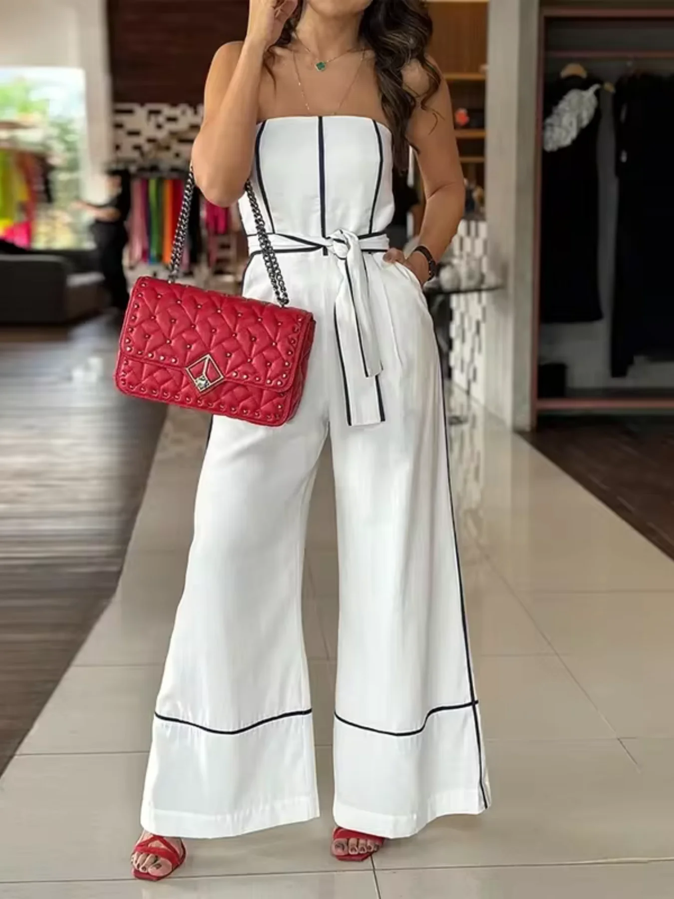 

Весна/лето, новое элегантное сексуальное платье с контрастной цветной отделкой, широкие брюки на одно плечо, платье для вечеринки, отпуска