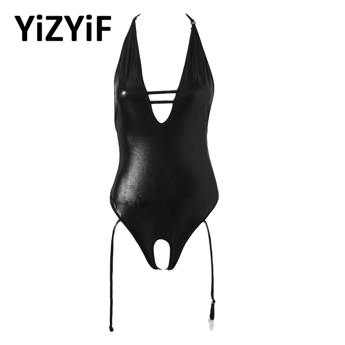 

Womens Sexy Leather Bodysuit Erotic Porno Crotchless PVC Latex Teddy Lingerie Wetlook Halter Catsuit Nightwear Clubwear