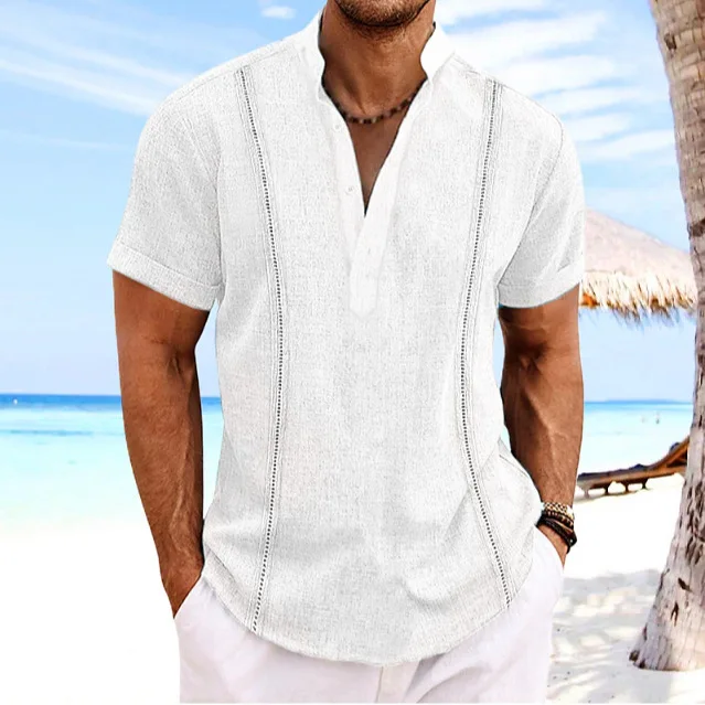 Summer Men's Cotton linen Shirt New Hawaii Fashion Casual Short sleeved Henry collar Men's Tops Solid color Men's Beach shirt
