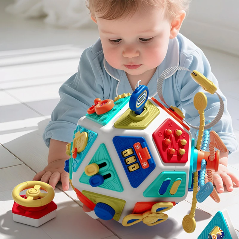 

Развивающий сенсорный мяч 22-Face Busy Ball с вращающимися шестеренками, кнопками и различными текстурами для развития мелкой моторики