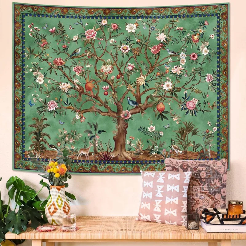 VIKAMA Bohemian Tree of Life Wandteppich, Vintage-Blumen- und Tiermotive, ästhetische Heimdekoration, geeignet für Studentenwohnheime