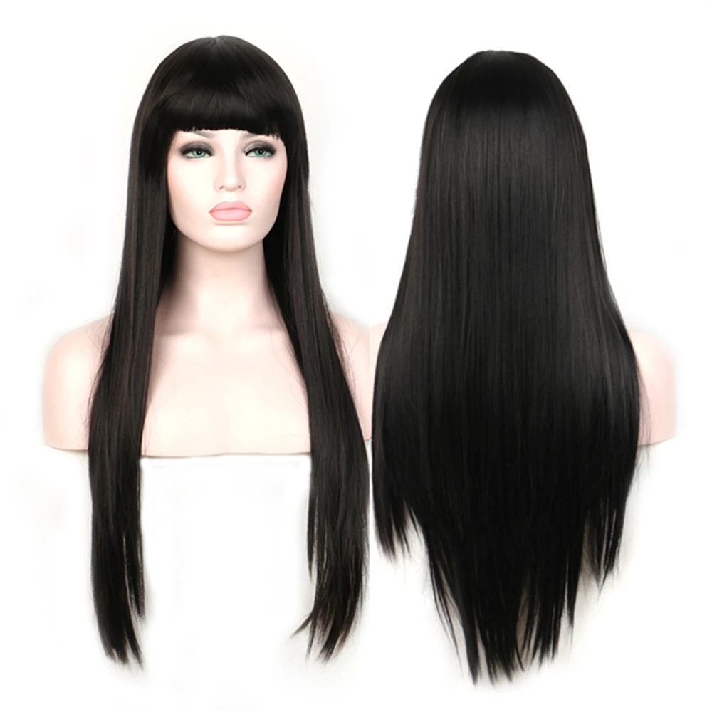 WoodFestival Synthetic Straight Hair Long Wig With Bangs Cosplay Wigs For Women Black Pink Burgundy Blonde Brown Female