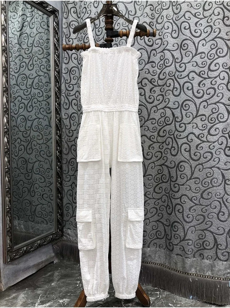 Top Quality New Long Jumpsuits 2024 Summer Designer Fashion Women Allover Exquisite Embroidery Elegant Long White Jumpsuit Pant