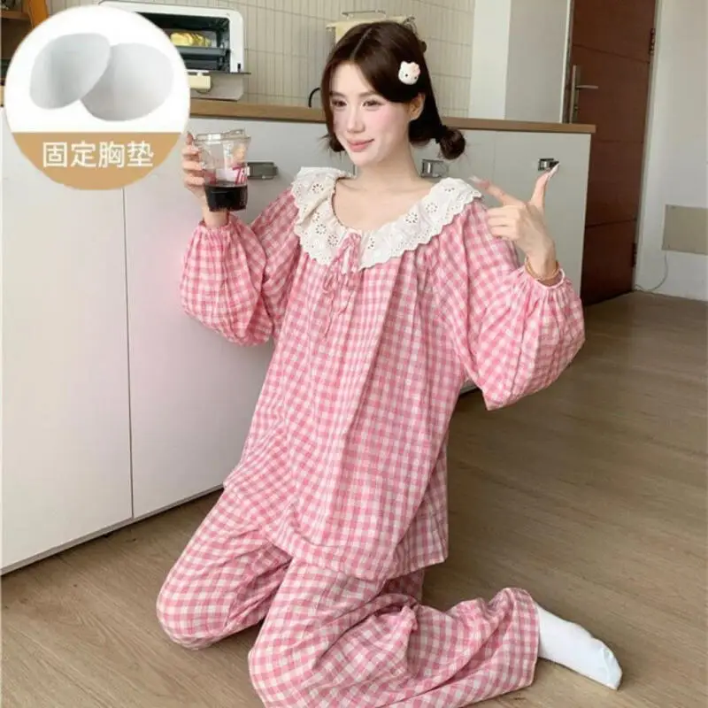 

hot Girl Doll Collar Pajamas Sets Princess Loose Checkered Leisure Wear Spring Autumn with Chest Mat Home Clothes Outerwear New