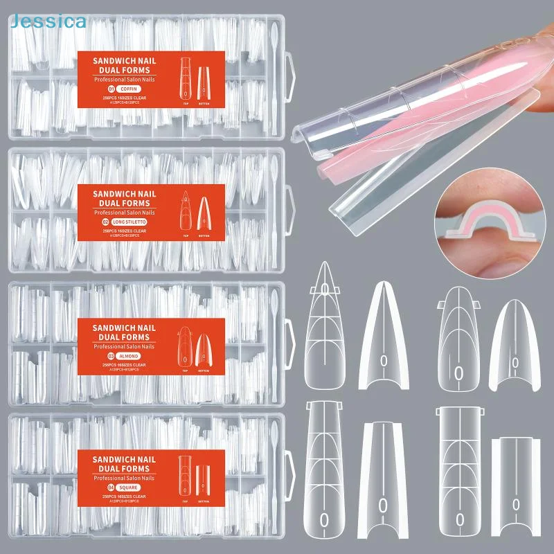 

♥256PcsSandwich Dual Nail Mode For Nail Extension Almond Coffin 16 Size Reusable Top Bottom Forms Nail Art Extension Tools