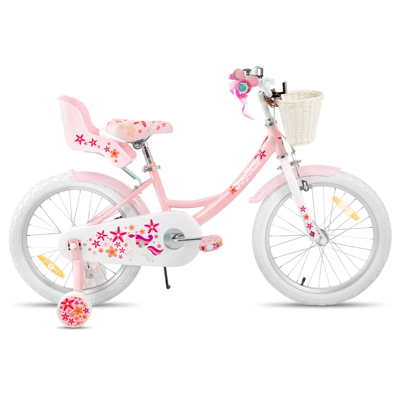 JOYSTAR meisjesfiets voor kinderen van 2-9 jaar, 12 14 16 18 inch kinderfiets met zijwieltjes, streamers, mand, poppenzitje, roze - afbeelding 1