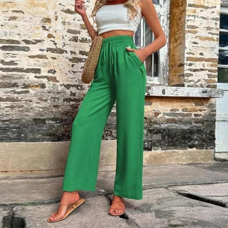 

Spring Summer New Ankle-Length Pants Straight Trousers Solid Women's Casual Elastic High Waist Pants Women Basic Simple OL Loose