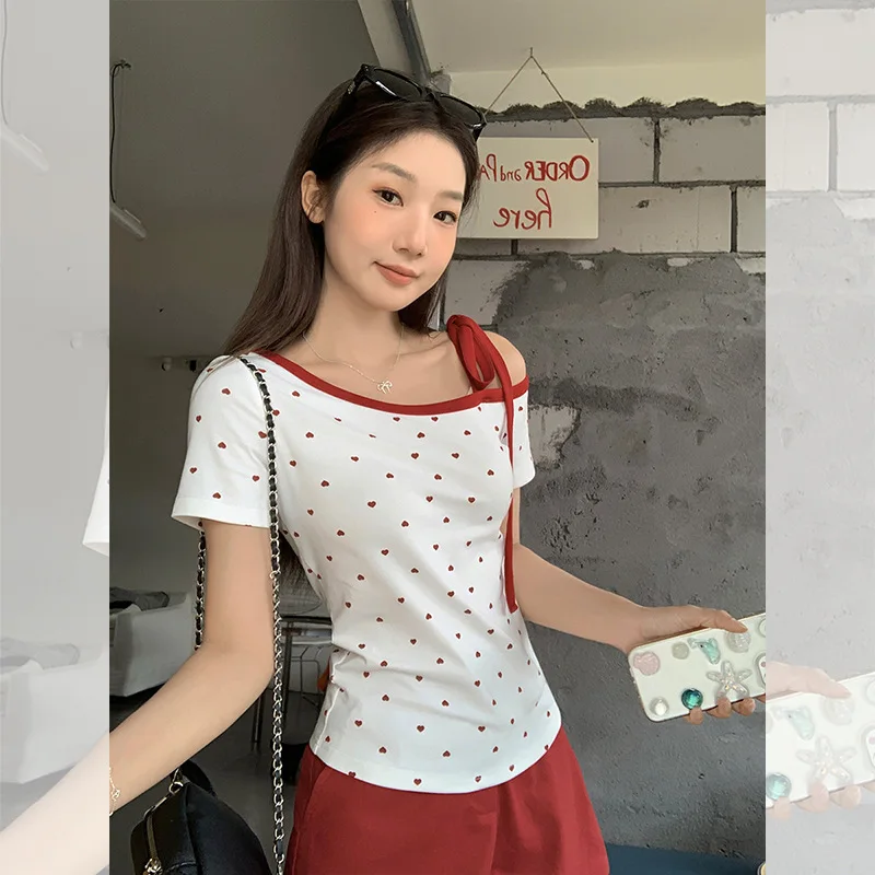 

Korean Style Red Heart Polka Dot Off-Shoulder Bowknot Pure Desire Short Sleeve T-Shirt for Women Summer Tie-Up Slim Top