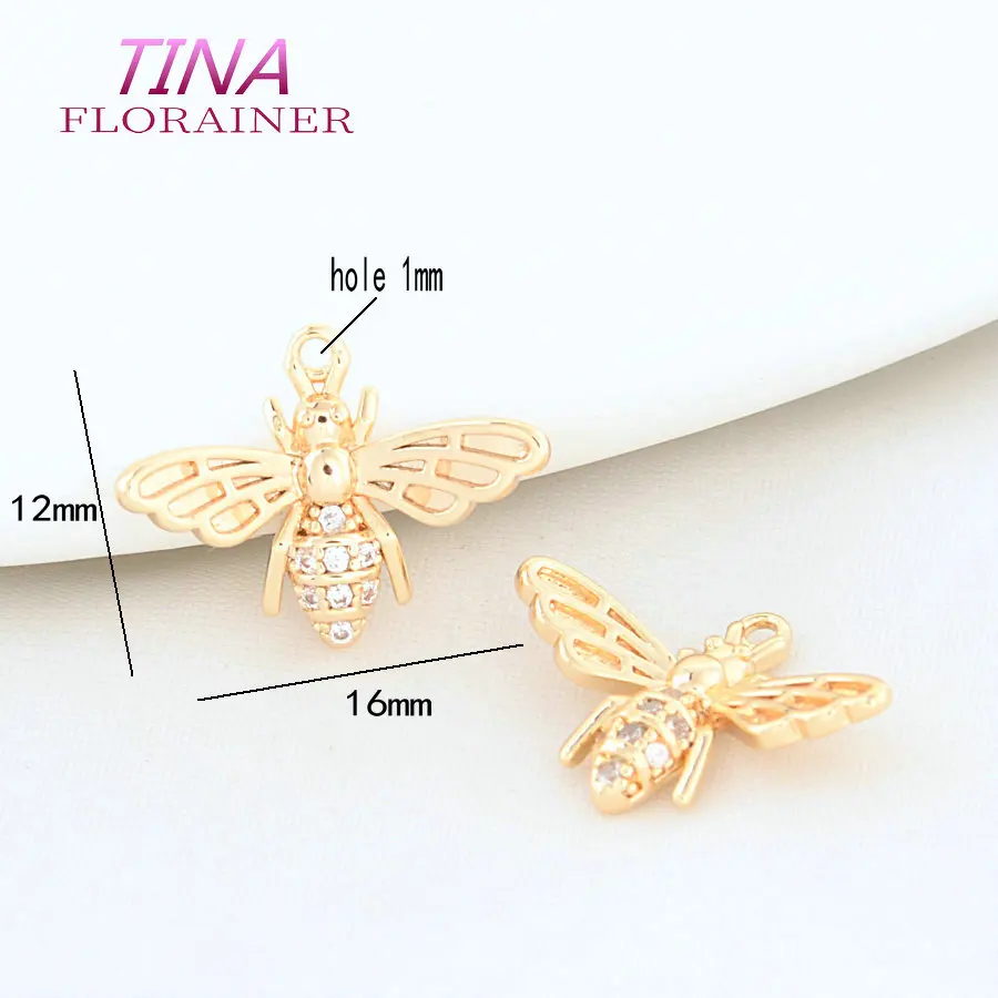 6PCS 12MM 13MM 14MM 18K Gold Farbe Messing mit Zirkon Biene Charms Anhänger Halskette Ohrringe schmuck Machen Liefert Zubehör – Detail 2