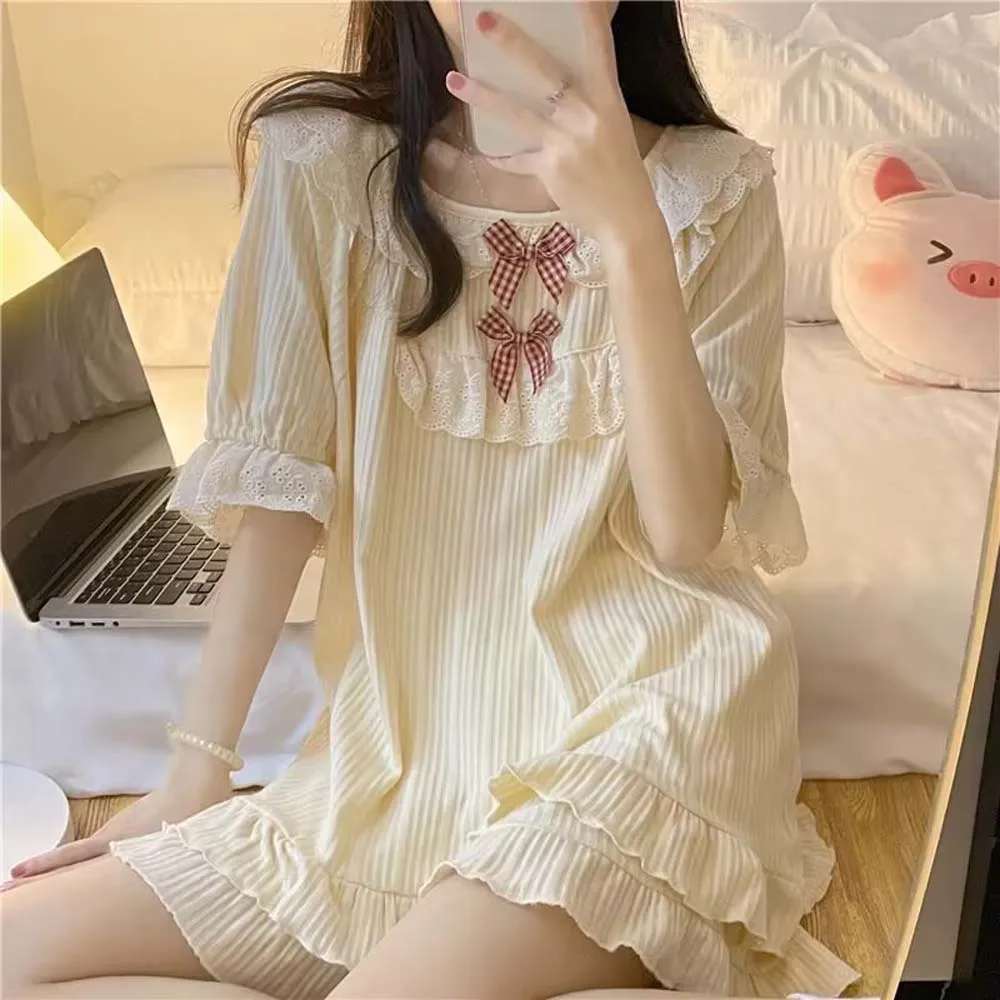 Short Sleeve Bowknot Women Pajamas Apricot Color Nightwear Set Girls Pajama Pants Lotus Leaf Edge Shape Homewear