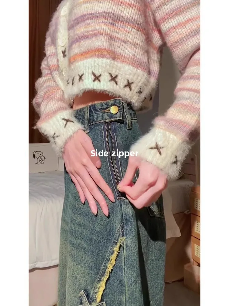 

Джинсовые брюки большого размера с вышивкой по бокам и молнией, женские уличные американские осенние длинные широкие брюки-ножи