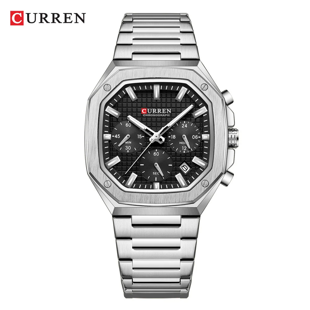 CURREN 8459 นาฬิกาผู้ชายสายเหล็กปฏิทินนาฬิกาธุรกิจนาฬิกาผู้ชายสไตล์กีฬา