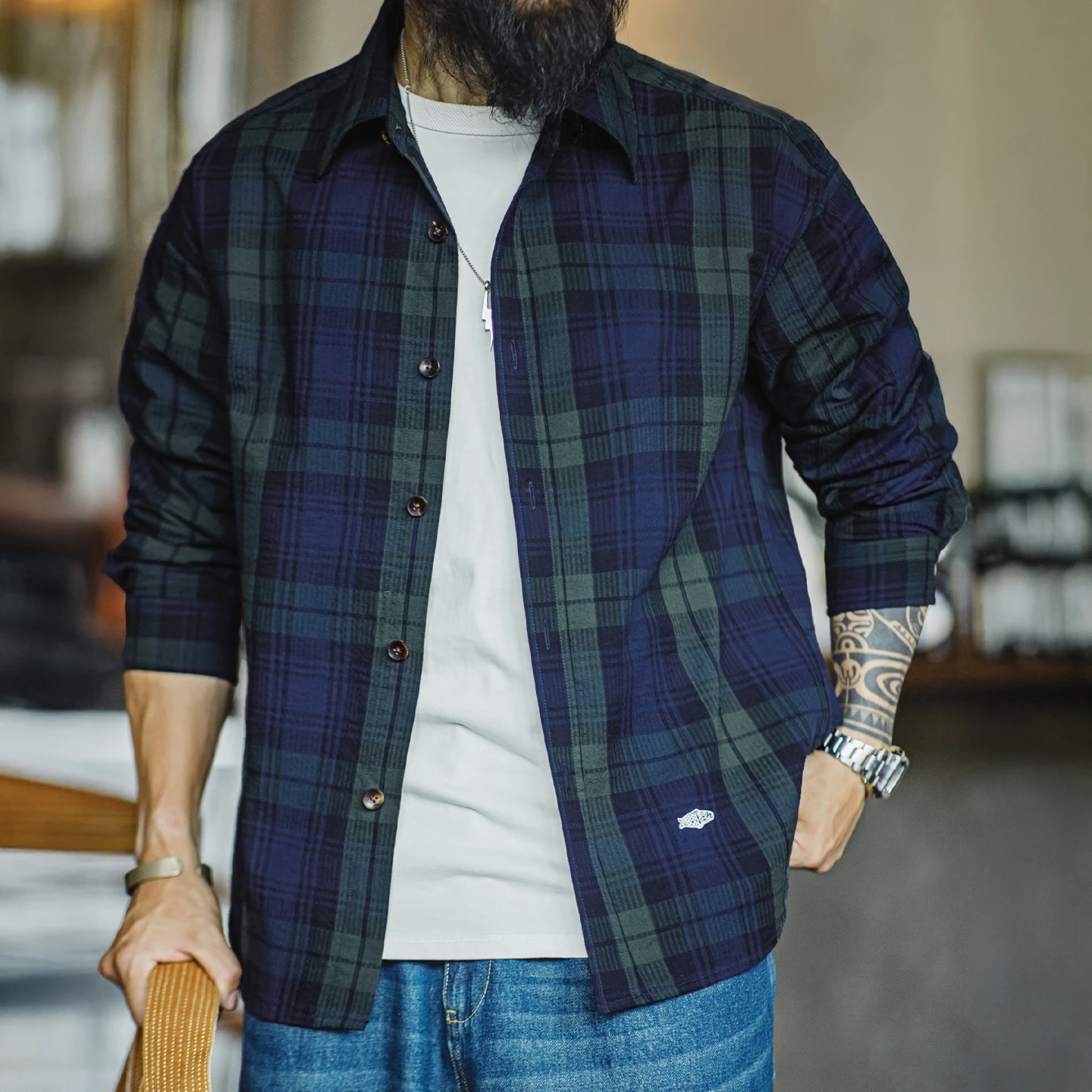 Мужская винтажная сине-зеленая клетчатая рубашка Maden, хлопковые рубашки с длинными рукавами, однобортная блузка с вышивкой рыбы на весну и осень