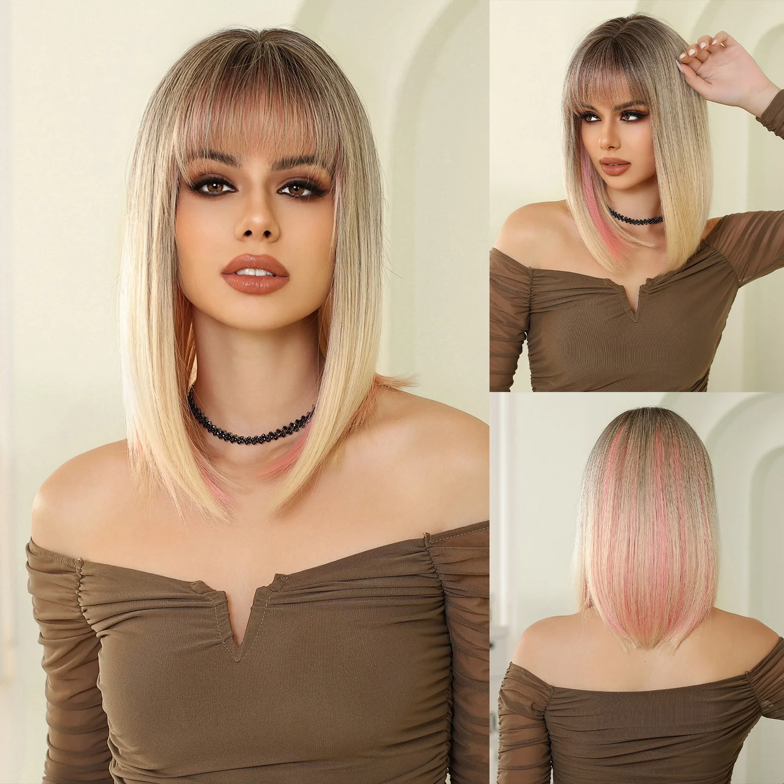 Short Blonde to Ombre Brown Hair with Pink Highlight Cosplay Syntehtic Wigs Medium Straight Women Bangs Wig Heat Resistant