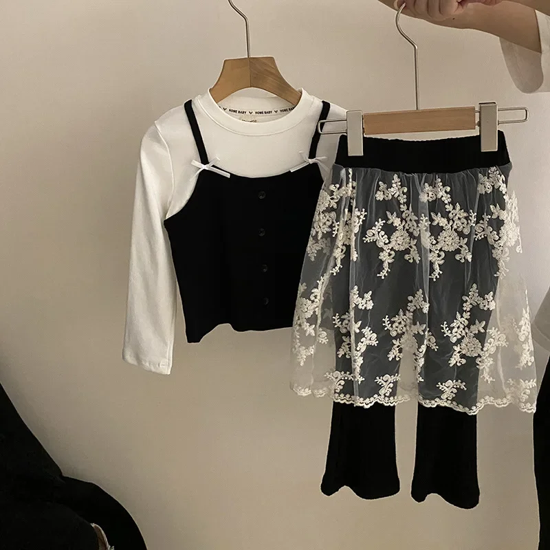 T-shirt Girl Fashion Bow Two Pieces Tops Autumn New Lace Splicing Together Simple 2024 Childrens Clothing Sweet Lace