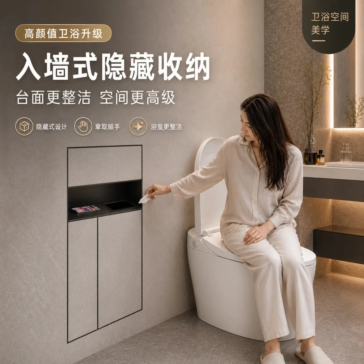 Hidden stainless steel toilet niche, bathroom, embedded trash can, tissue box, niche, trash can, bathroom
