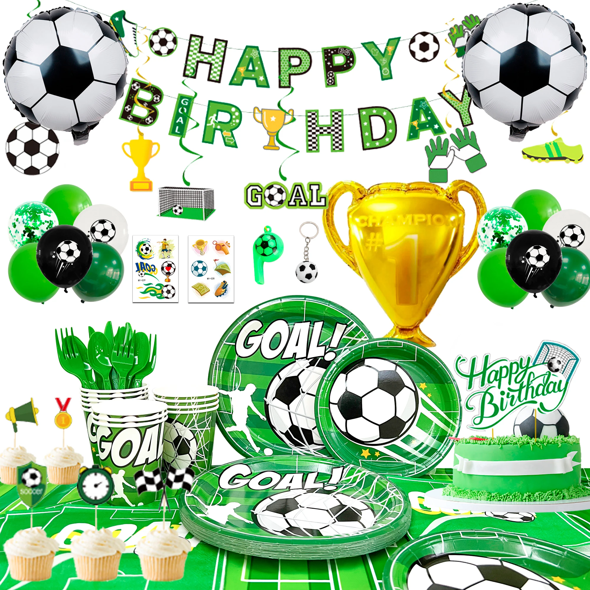 

Soccer Party Decorations,181pcs Party Decorations&Tableware Set-Soccer Birthday Banner Balloons Whistle Keychain Plates etc