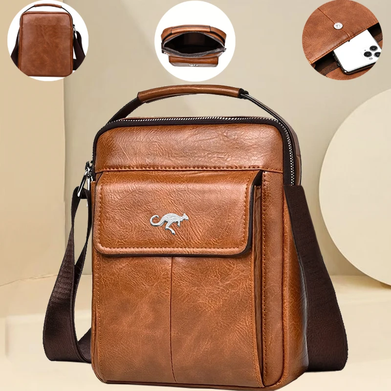 Premium Quality Leather Crossbody Bag for Men, Elegant Shoulder Handbag with Kangaroo Emblem, Great for Business Trips