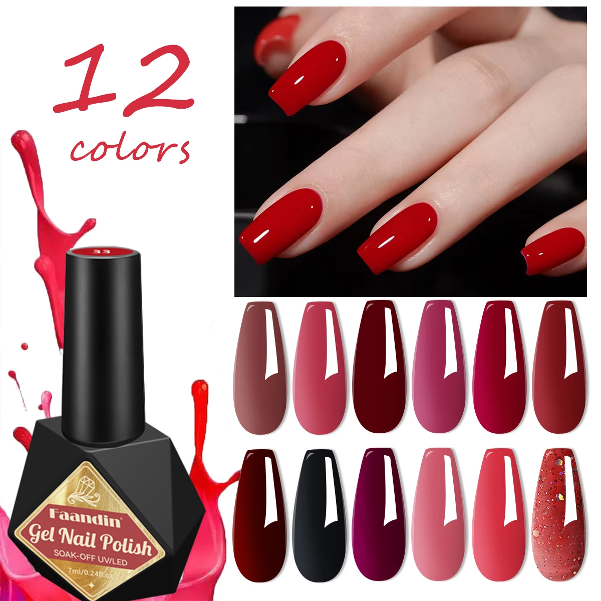 Faandin 7ml 1 Bottle, Solid Color, Green Glitter Gel Nail Polish, Selected Red Nail Polish Gel, New Bottle Shape, Uv Lamp Quick-Drying, Alcohol-Free, Full Color, Not Easy to Fade, High Saturation Color, Easy to Use, Can Be Used at Home, Fashionable Women, Essential Item for Dating and Socializing, Nail Polish Gel for Nail Salons